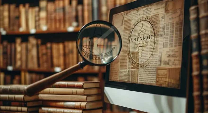 Loupe sur un écran affichant des documents anciens, évoquant la recherche de généalogie italienne gratuite en ligne parmi des livres d'histoire.