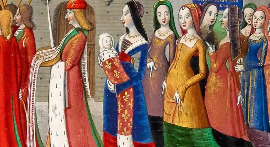 En procession från medeltiden år. En kunglig familj med barn bär rika kläder.