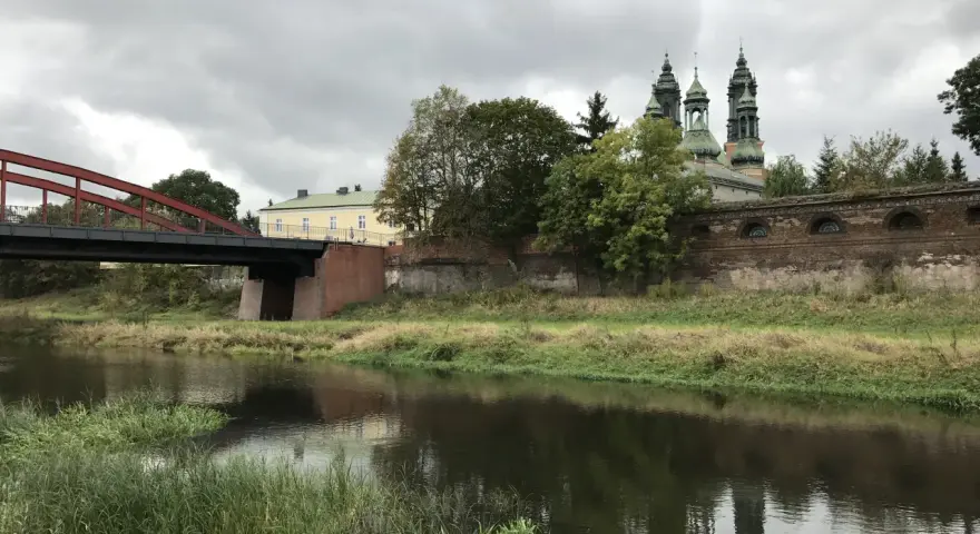 Most widokowy z rzeką, zieloną roślinnością i budynkami w tle.