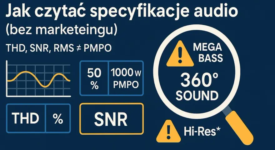 Wykresy i parametry jak THD, SNR, PMPO pomagają ocenić efektywność głośnika. Mega Bass i 360° Sound to chwyty marketingowe.