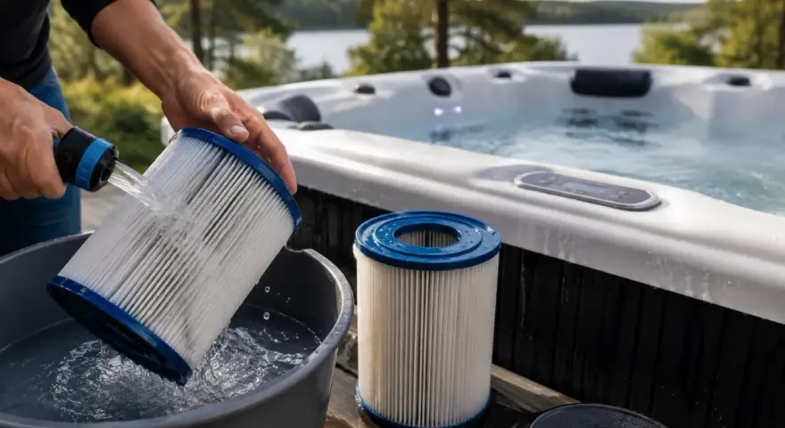 Rengöring av spabadets filter för att ta bort kalk på plast. En person spolar ett filter med vatten i en hink bredvid ett uppvärmt spabad.