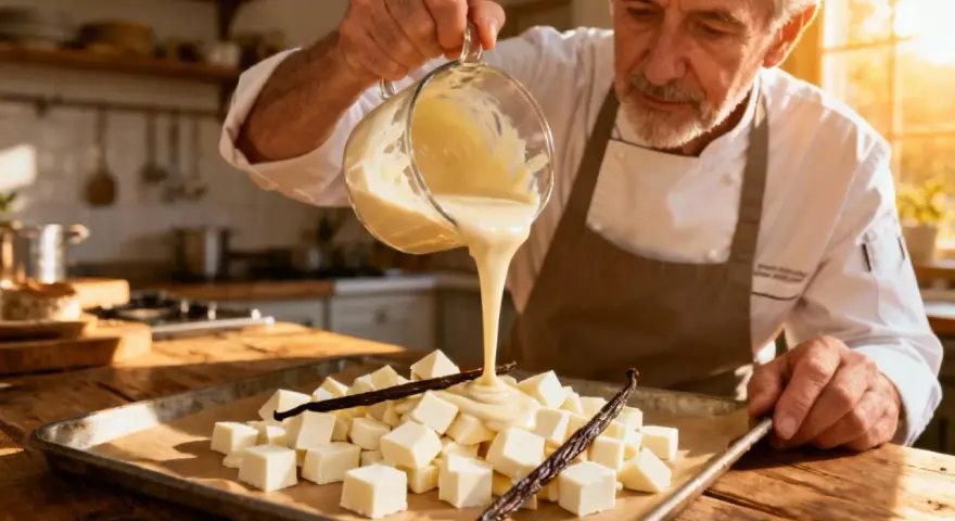 Un chef verse une ganache vanille onctueuse sur des cubes de chocolat blanc et des gousses de vanille.