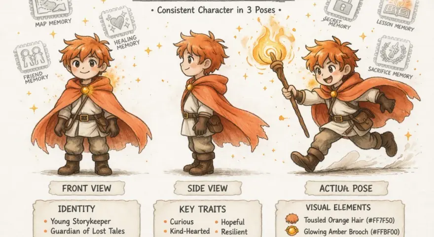 Diseño de personajes para historias: un joven aventurero con capa naranja, visto de frente, perfil y en acción con una antorcha.