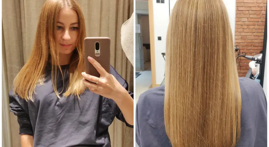 Długie włosy cięcie V. Po lewej dziewczyna robi selfie, po prawej widać efekt cięcia z tyłu.
