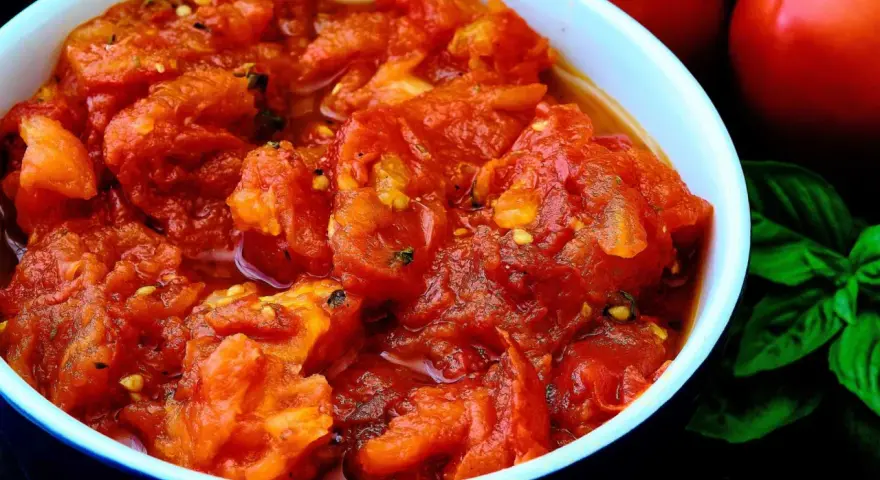 Un tazón de tomates picados, jugosos y vibrantes, con un toque de albahaca fresca y dos tomates enteros al fondo. Un bonito con tomate listo para disfrutar.