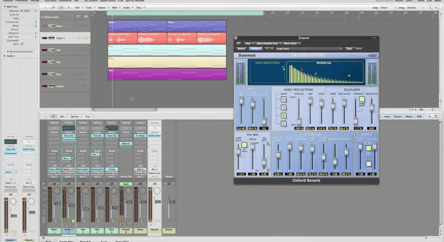Wtyczka Oxford Reverb w Logic Pro. Widzimy ustawienia pogłosu, co to jest reverb i jak go używać w miksie.