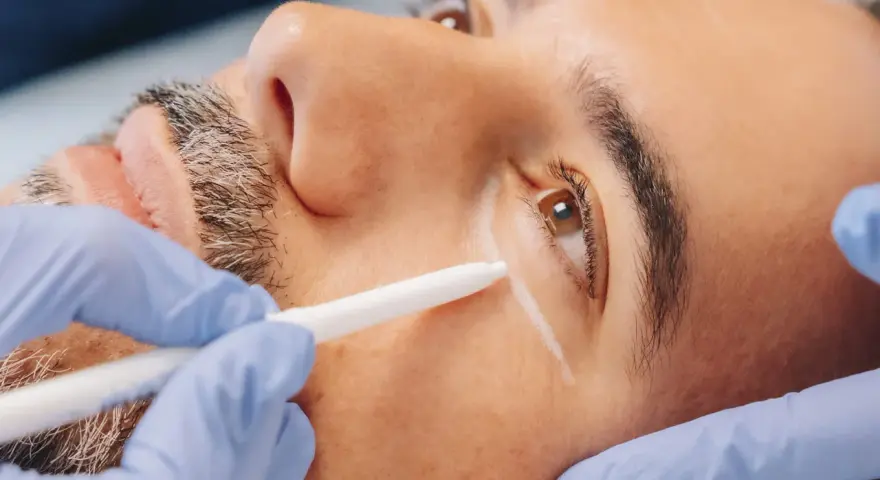 Man receiving treatment to eliminate dark circles permanently. A gloved hand holds a device near his eye.