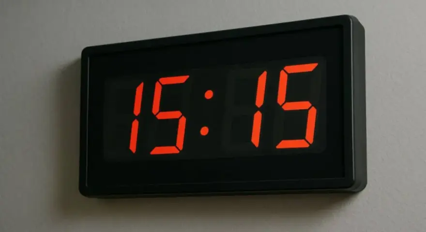 Zegar cyfrowy pokazuje godzinę 15:15. To idealny moment na przerwę, a 1515 znaczenie tej godziny może być symbolem równowagi i harmonii.