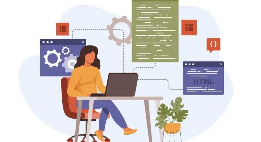 Kobieta przy biurku uczy się, jak zostać programistą, analizując kod na ekranie laptopa i okna z HTML.