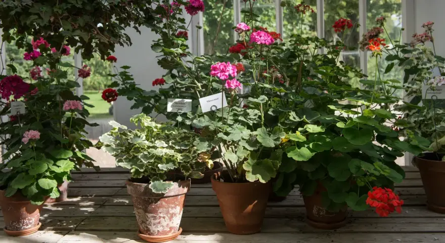 En samling gammaldags pelargoner i krukor, med blommor i rosa, rött och lila. Vissa har skyltar med namn.