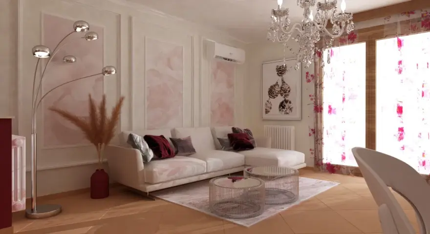 Salotto elegante con divano bianco, tappeto rosa antico, lampadario scintillante e tende floreali.