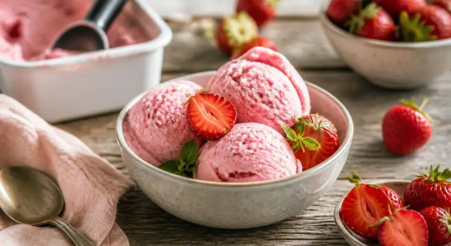 Schneebälle aus schnellem Erdbeereis, garniert mit frischen Erdbeeren und Minze, auf einem Holztisch.