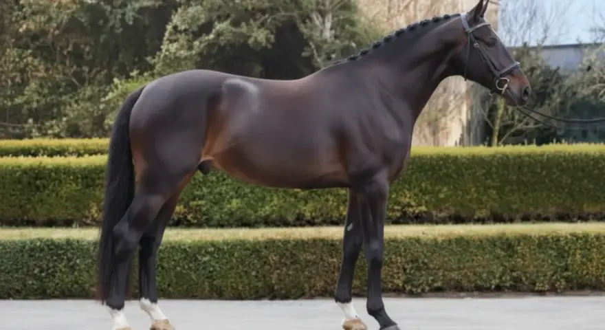 Magnifique cheval de selle bai, crinière tressée, prêt pour la compétition.