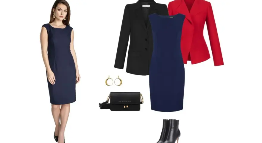 Elegancka granatowa sukienka z czarną lub czerwoną marynarką, torebką i botkami. Jakie dodatki do granatowej sukienki?