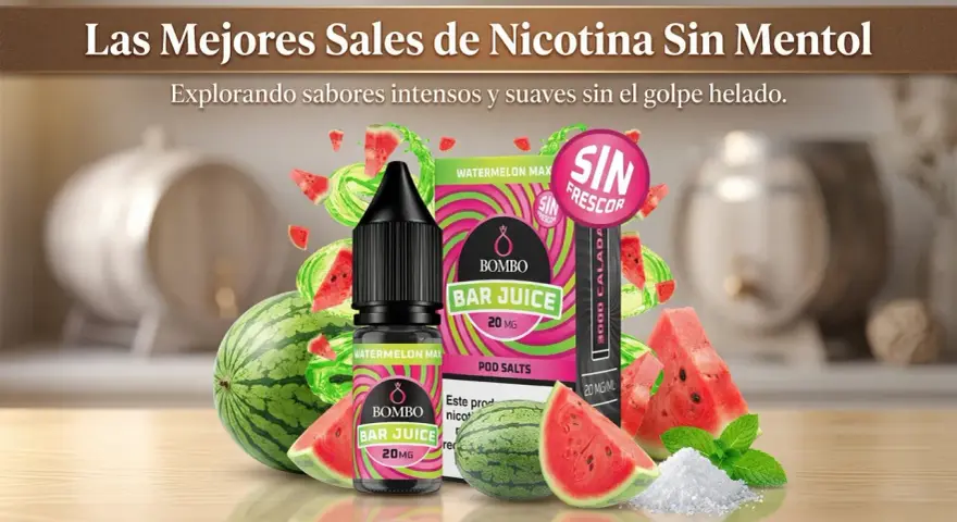 Botella de e-líquido Bombo Bar Juice Watermelon Max con 20 mg de nicotina, rodeada de sandía y menta. ¡20 mg de nicotina es mucho!