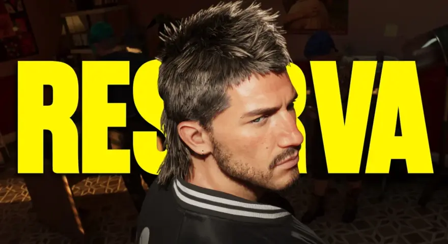Un hombre con un peinado mullet mira de reojo, con letras amarillas gigantes detrás que dicen "RESERVA". ¡Noticias de GTA 6 que te dejarán sin aliento!