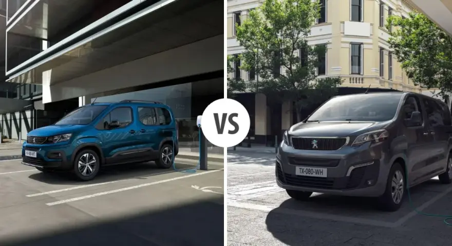 Dwa vany Peugeot: niebieski Rifter i szary Traveller, porównanie modeli.