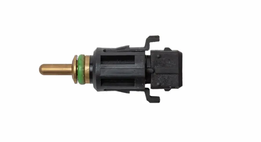 A brass probe with green seals connects to a black plastic connector, part of an ect sensor.