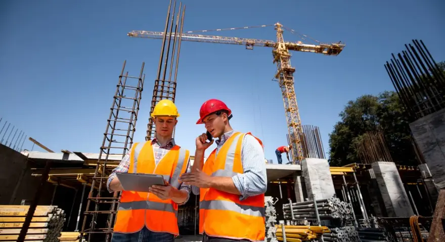 Dwóch budowlańców w kamizelkach odblaskowych omawia projekt na placu budowy. Jeden z nich trzyma tablet, drugi rozmawia przez telefon. W tle widać dźwig i zbrojenia, co sugeruje, że posiadają odpowiednie uprawnienia UDT.