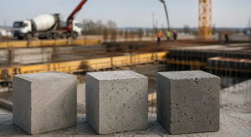 Trzy betonowe kostki, symbolizujące beton C30/37 proporcje, na tle budowy z betoniarką i dźwigiem.