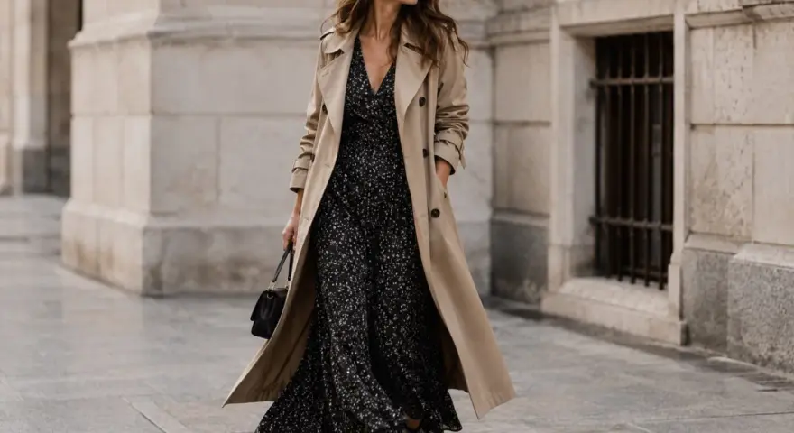 Une femme élégante marche dans la rue, portant quel manteau avec une robe longue fleurie.