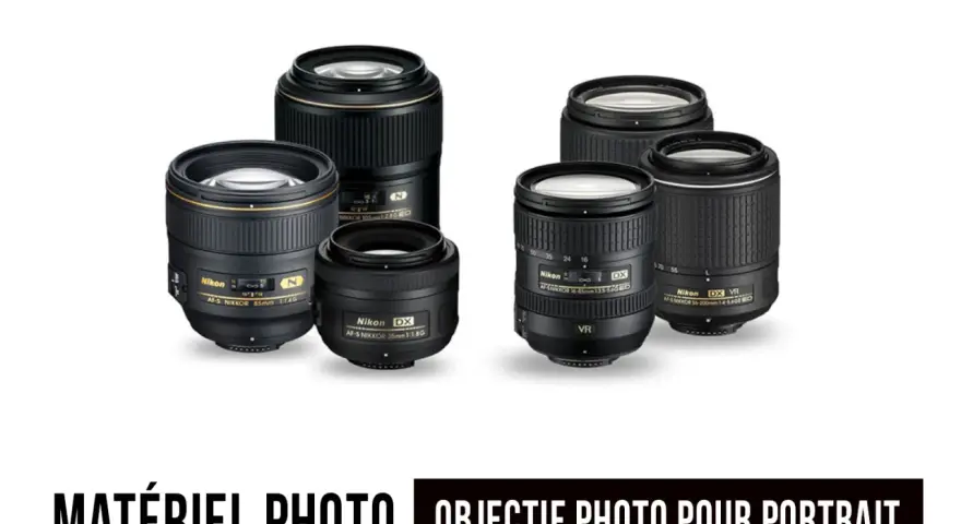 Plusieurs objectifs Nikon, dont un objectif photo pour portrait, sont présentés sur fond blanc.