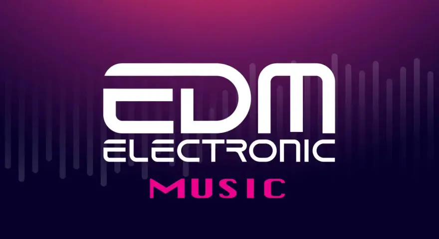 Logo mit "EDM ELECTRONIC MUSIC" in Weiß und Pink vor einem lila Hintergrund mit vertikalen Linien.