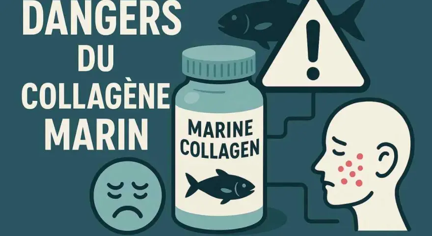 Illustration des dangers du collagène marin : une bouteille, un visage avec des boutons, un panneau d'avertissement et un poisson.