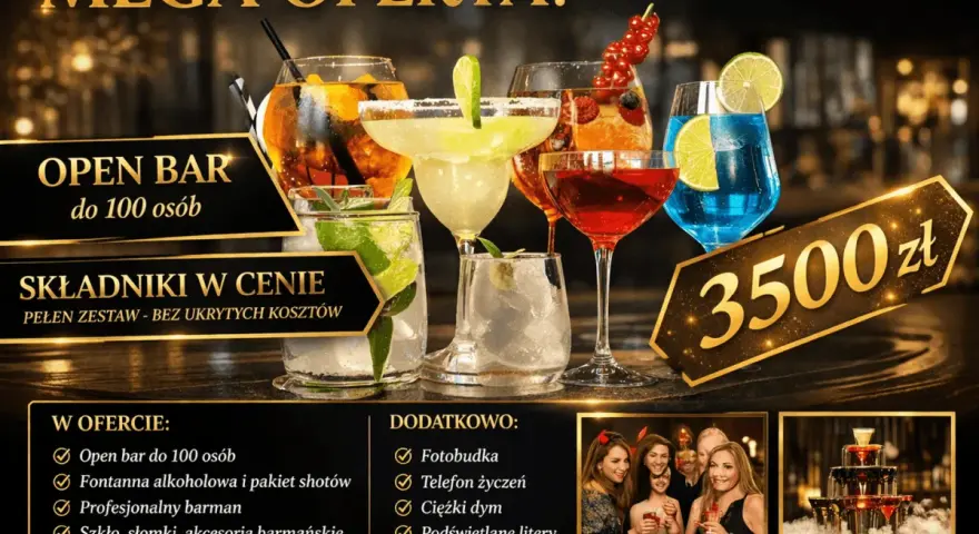 Mega oferta na drink bar na wesele: Open Bar do 100 osób za 3500 zł. Pełen zestaw bez ukrytych kosztów.