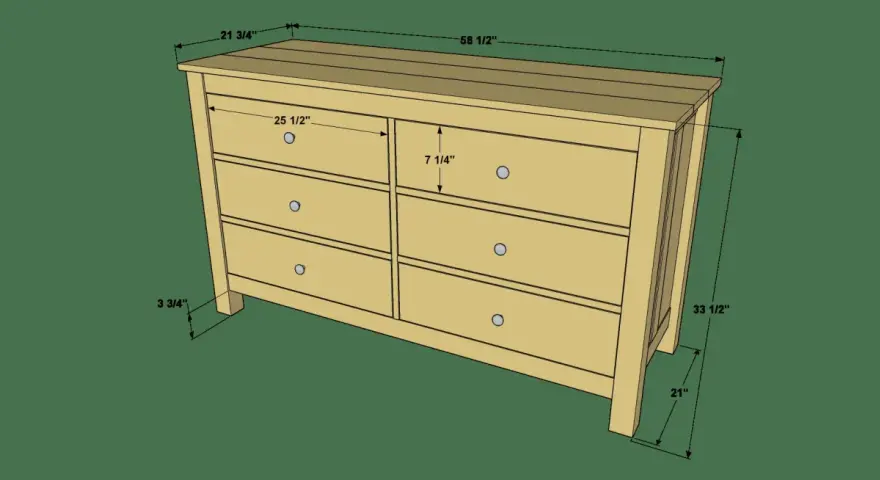Bauplan für eine Kommode mit sechs Schubladen. Ideal, wenn du eine Kommode selber bauen möchtest. Maße sind angegeben.