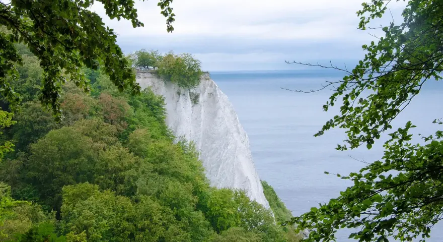 Grüne Wälder umgeben die weißen Kreidefelsen an der Ostsee. Ein perfekter Ort zum Wandern in MV.