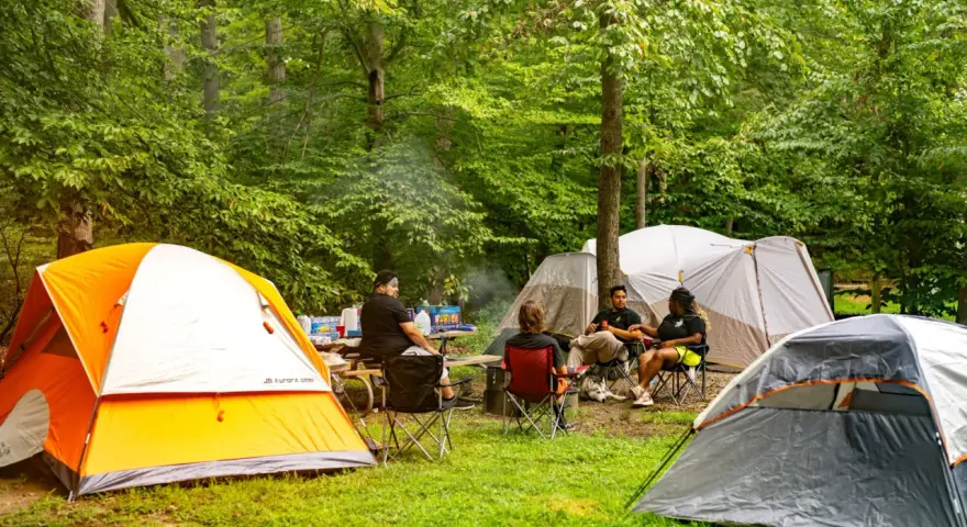 Grupa przyjaciół odpoczywa na polu namiotowym Mazury. Wokół rozstawione są namioty, a na stole piknikowym stoją napoje i przekąski.