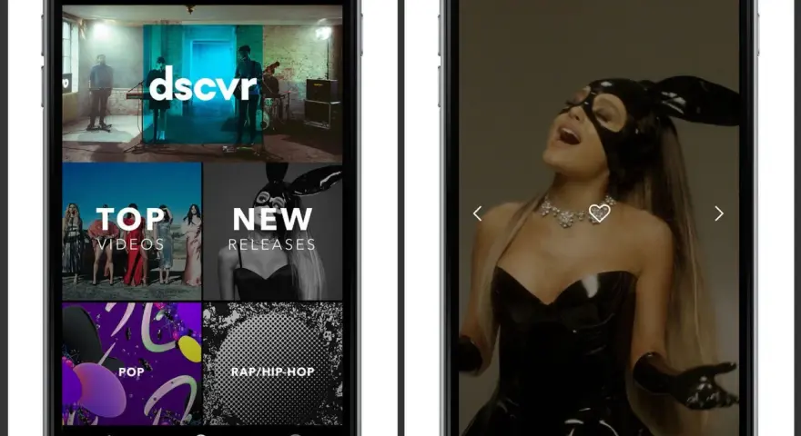 Zwei Smartphones zeigen die App "dscvr". Links eine Übersicht mit "Top Videos", "New Releases", "Pop" und "Rap/Hip-Hop". Rechts Ariana Grande in "Dangerous Woman". Vevo ist eine Musikplattform.