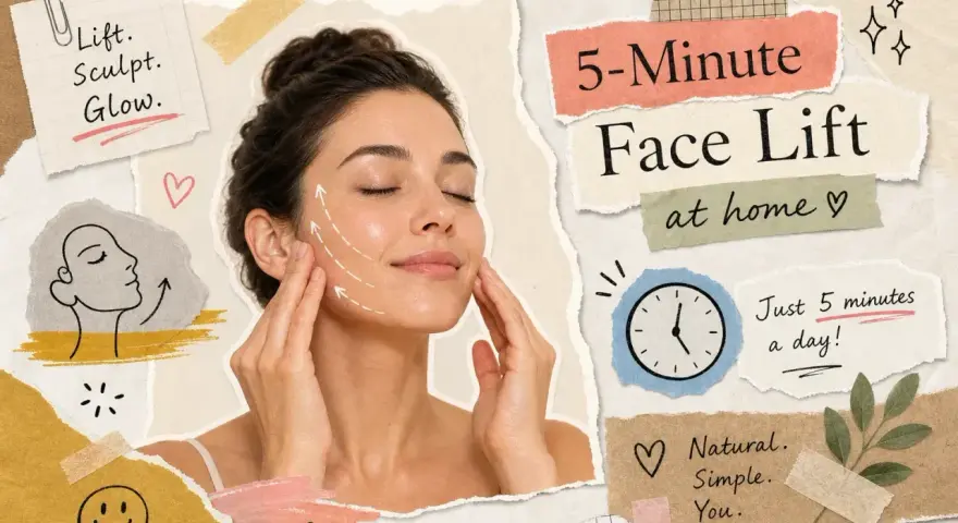 Woman performing a 5-minute face lifting massage at home for a natural glow.