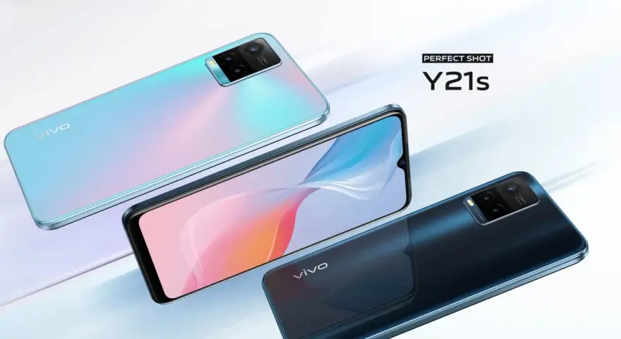 Dwa eleganckie telefony vivo y21s w kolorach błękitnym i granatowym, prezentujące swoje aparaty i ekrany.