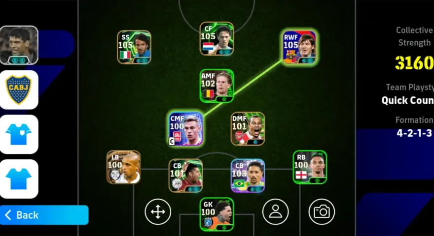 Formación 4-2-1-3 en efootball 2025, con jugadores como Messi y Roberto Carlos.