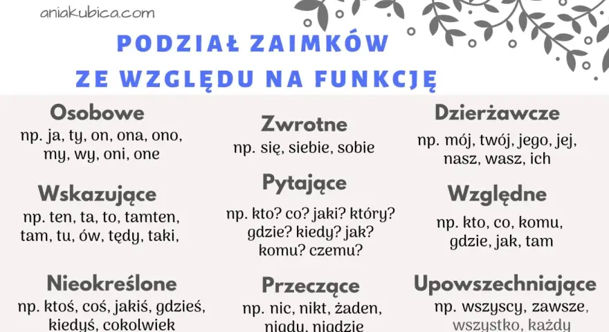 Podział zaimków ze względu na funkcję: osobowe, zwrotne, pytające, wskazujące, nieokreślone, przeczące, dzierżawcze, względne, upowszechniające.