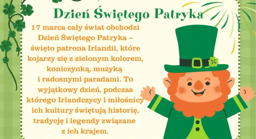 Uroczy skrzat w zielonym kapeluszu świętuje Dzień Świętego Patryka, patrona Irlandii. Obrazek nawiązuje do legend i tradycji tego kraju.