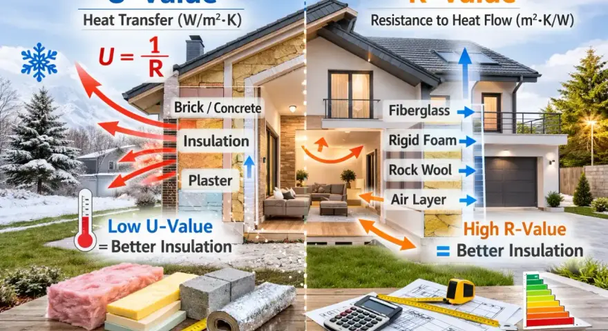 Comparaison U-Value (transfert de chaleur, W/m².K) et R-Value (résistance au flux de chaleur) pour l'isolation d'une maison.