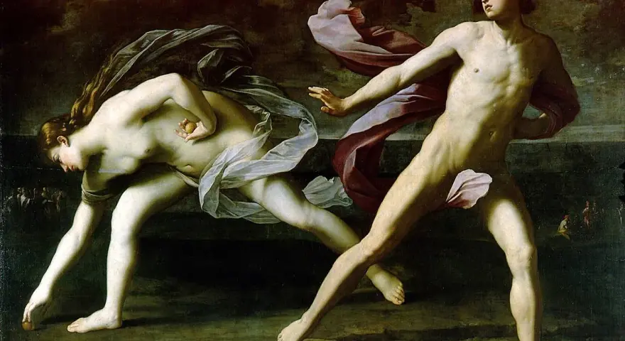 Pintura del barroco: Atalanta y Hipómenes compiten en una carrera, él usa manzanas doradas para distraerla.
