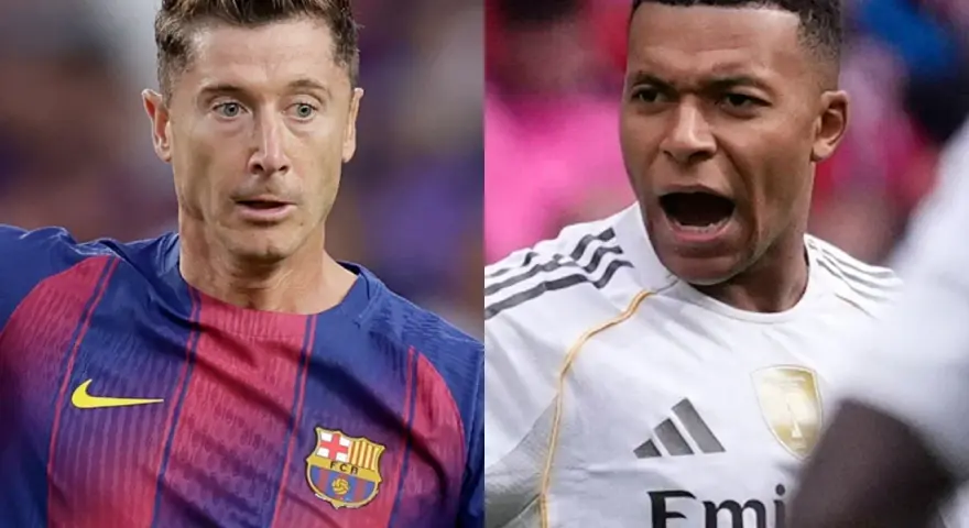 Robert Lewandowski i Kylian Mbappé, dwaj czołowi napastnicy, rywalizujący o tytuł króla strzelców La Liga.