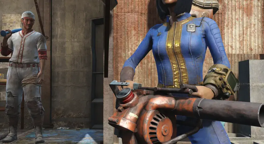 Una mujer con traje azul y un hombre con uniforme de béisbol, listos para la acción en Fallout London.