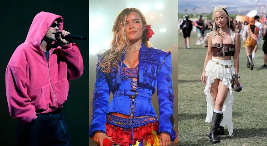 Trois looks pour le festival Coachella : un chanteur en rose, une artiste en bleu flamboyant, et une festivalière en blanc et cuir.