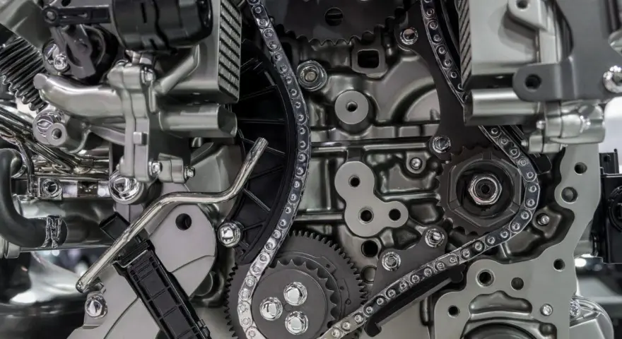 Dettaglio di un motore con ingranaggi e catena di distribuzione. La catena di distribuzione non si cambia, è un elemento cruciale per il funzionamento del motore.