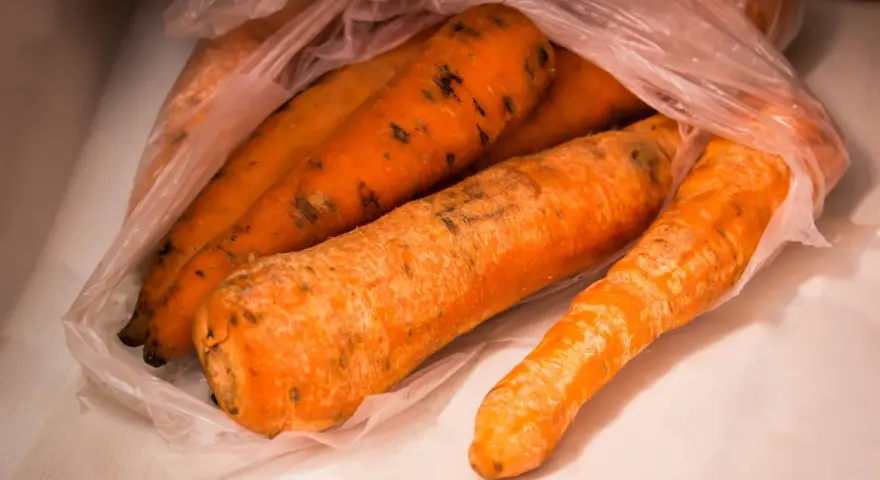 Kilka pomarańczowych marchewek w plastikowej torbie, na których widać ciemne plamy, oznaki pleśni.