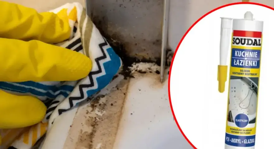 Rękawiczki i ściereczka czyszczą pleśń przy wannie. Obok tubka z napisem "Soudal Kuchnie Łazienki Silikon Sanitarny Neutralny".