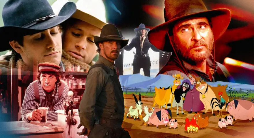 Collage di scene da film western, con personaggi famosi e animali animati, per celebrare i migliori film western.