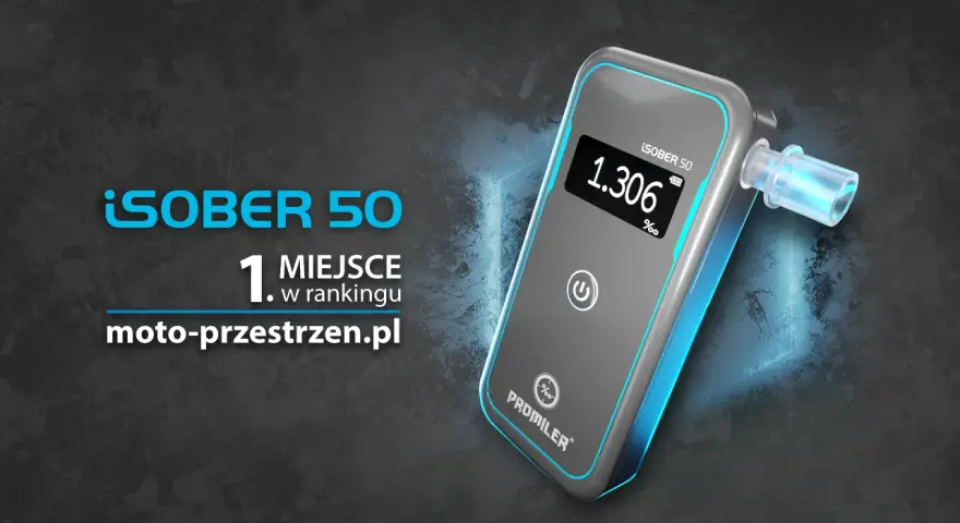 Cyfrowy alkomat Promiler iSober 50 z wyświetlaczem pokazującym 1.306‰ na tle grafiki.