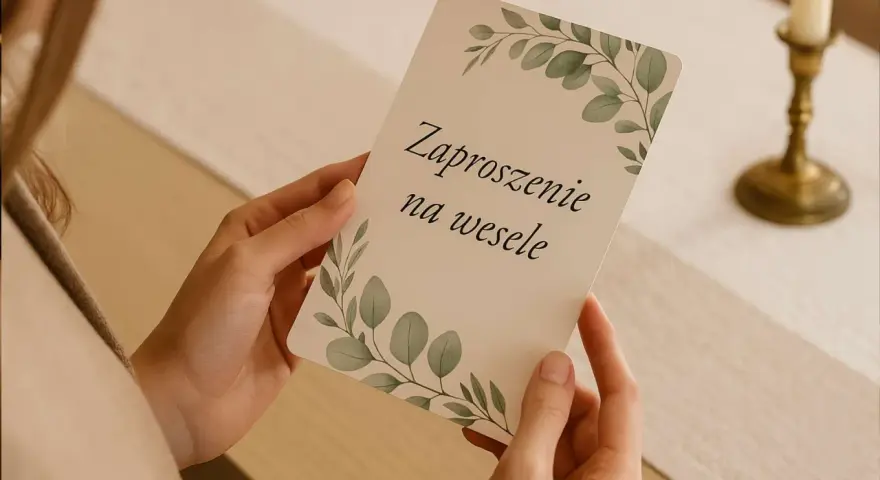 Eleganckie zaproszenie na wesele z motywem liści. Szukasz sposobu, jak sformułować zaproszenie na wesele bez dzieci bez urazy gości?