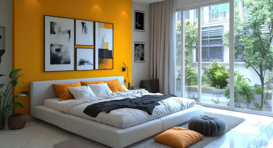 Camera da letto moderna con parete gialla e quadri astratti sopra il letto. Un esempio di come disporre i quadri in camera da letto per un effetto d'impatto.